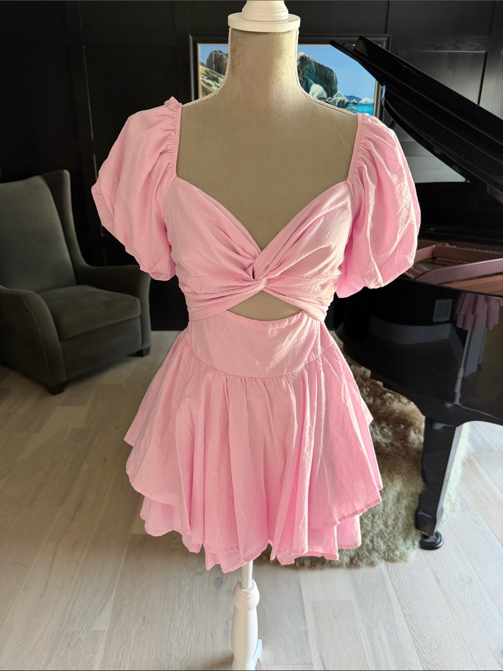 Pink Puff-Sleeve Twist-Front Romper